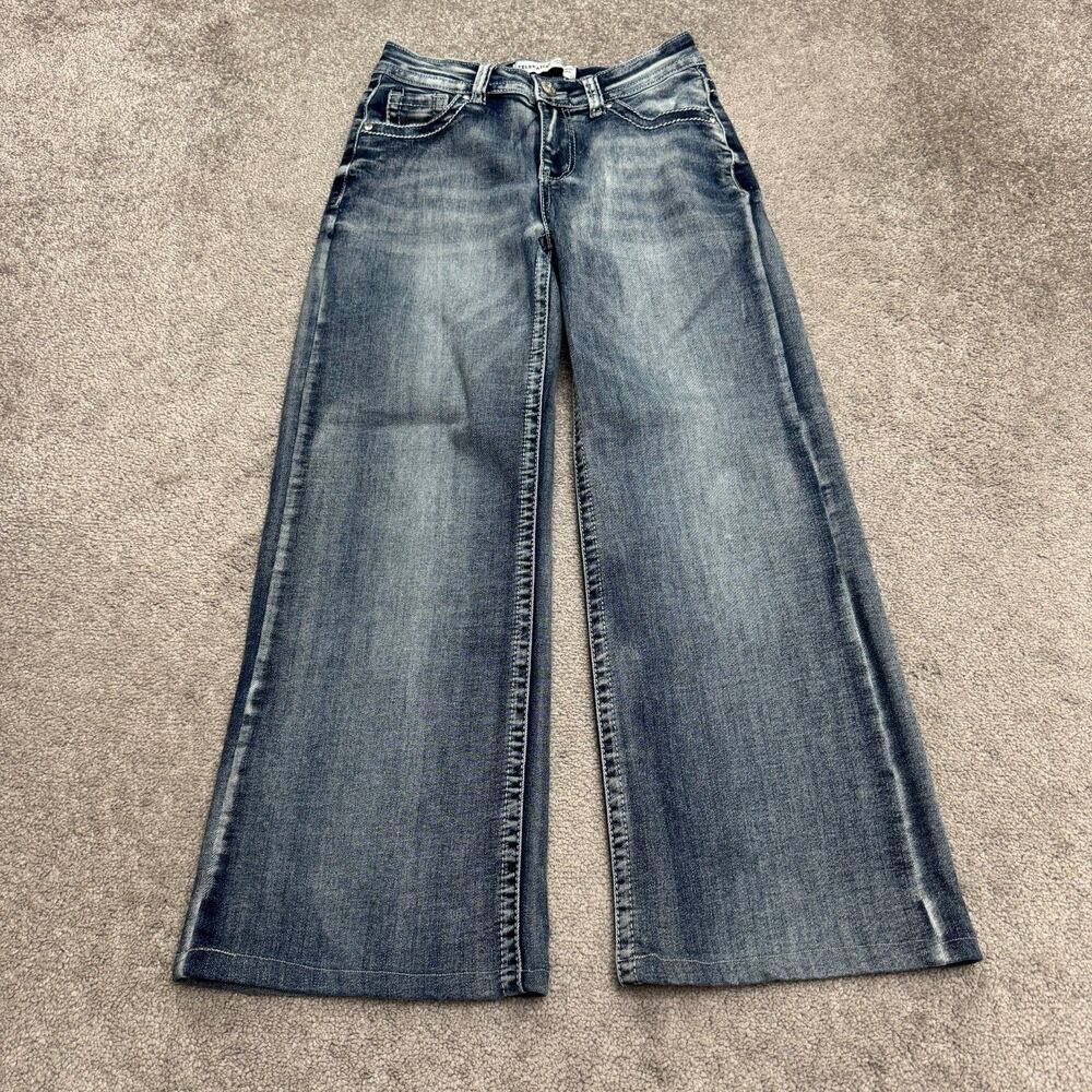 Telepatia Wide Leg Embroidered Embellished Denim Jeans Womens 7/28 Mid Rise